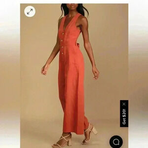 Lulus Stroll the Pier Rust Orange Button Front Wide-Leg Jumpsuit size small